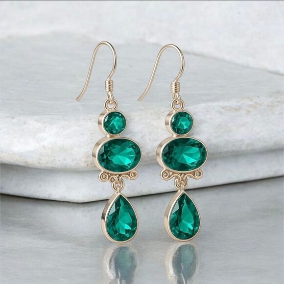 Paraiba Tourmaline ✦ 3-Stone Drop Earrings ✦ Sterling Silver Handmade Statement - Picture 4 of 11